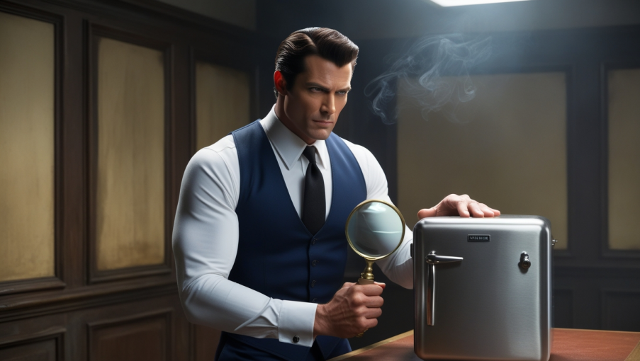 a detective inspecting a mini fridge